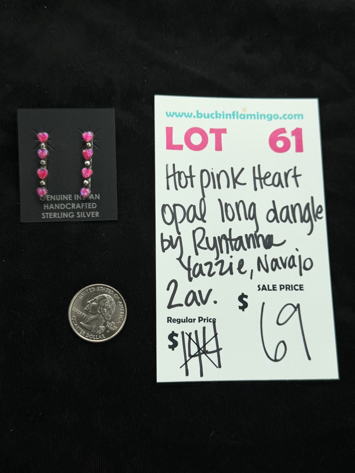 LOT 61 7/26 Hot Pink Heart Opal Long Dangle by Ryntanna Yazzie, Navajo