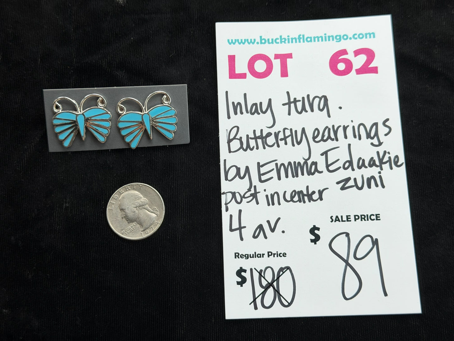 LOT 62 7/26 Inlay Turquoise Butterfly Earrings by Emma Edaakie, Zuni