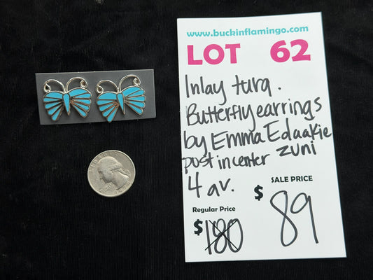 LOT 62 7/26 Inlay Turquoise Butterfly Earrings by Emma Edaakie, Zuni
