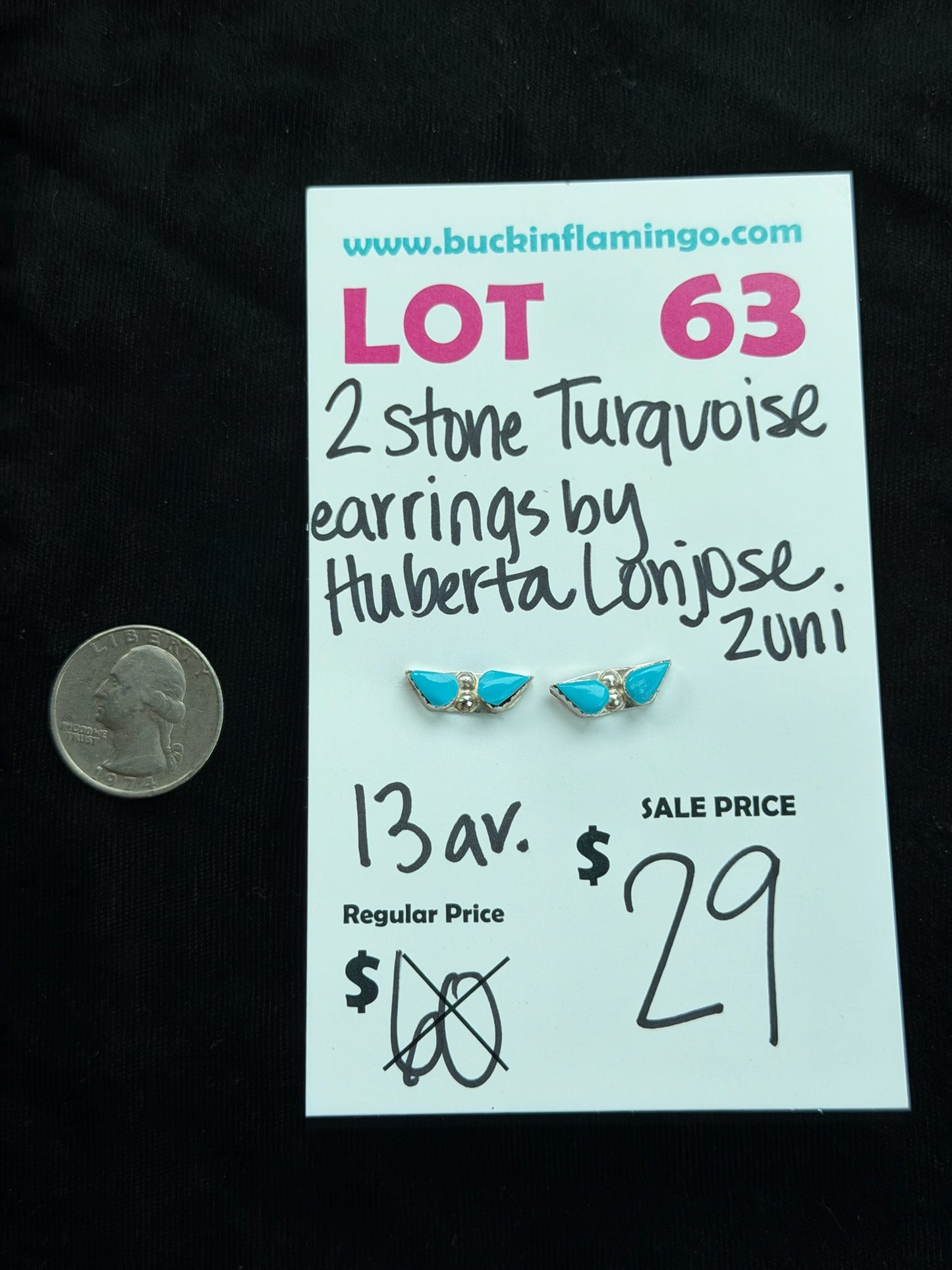 LOT 63 7/26 2 Stone Turquoise Earrings by Huberta Lonjose, Zuni