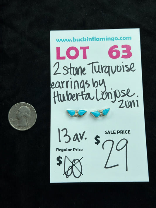 LOT 63 7/26 2 Stone Turquoise Earrings by Huberta Lonjose, Zuni