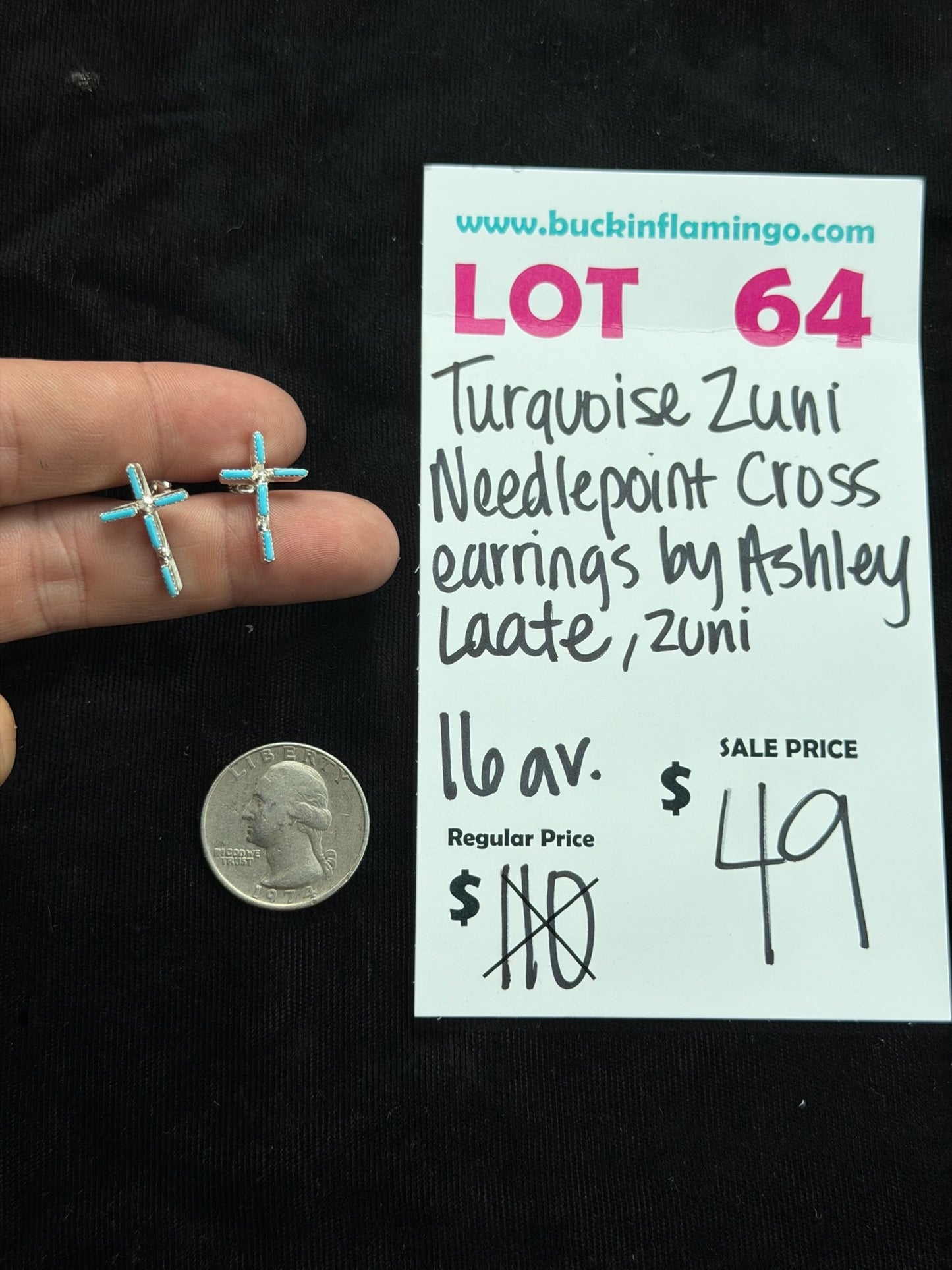 LOT 64 7/26 Turquoise Zuni Needlepoint Cross Earrings by Ashley Laate, Zuni