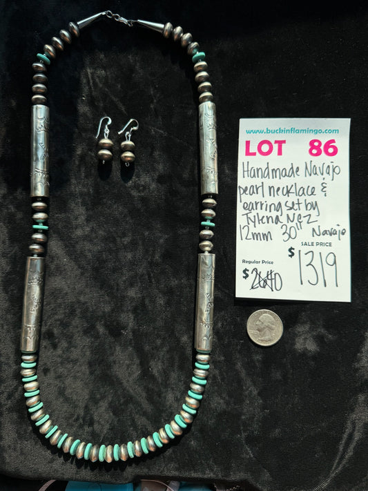 LOT 86 7/26 Handmade Navajo Pearl Necklace & Earring Set by Tylena Nez, Navajo 12mm 30”