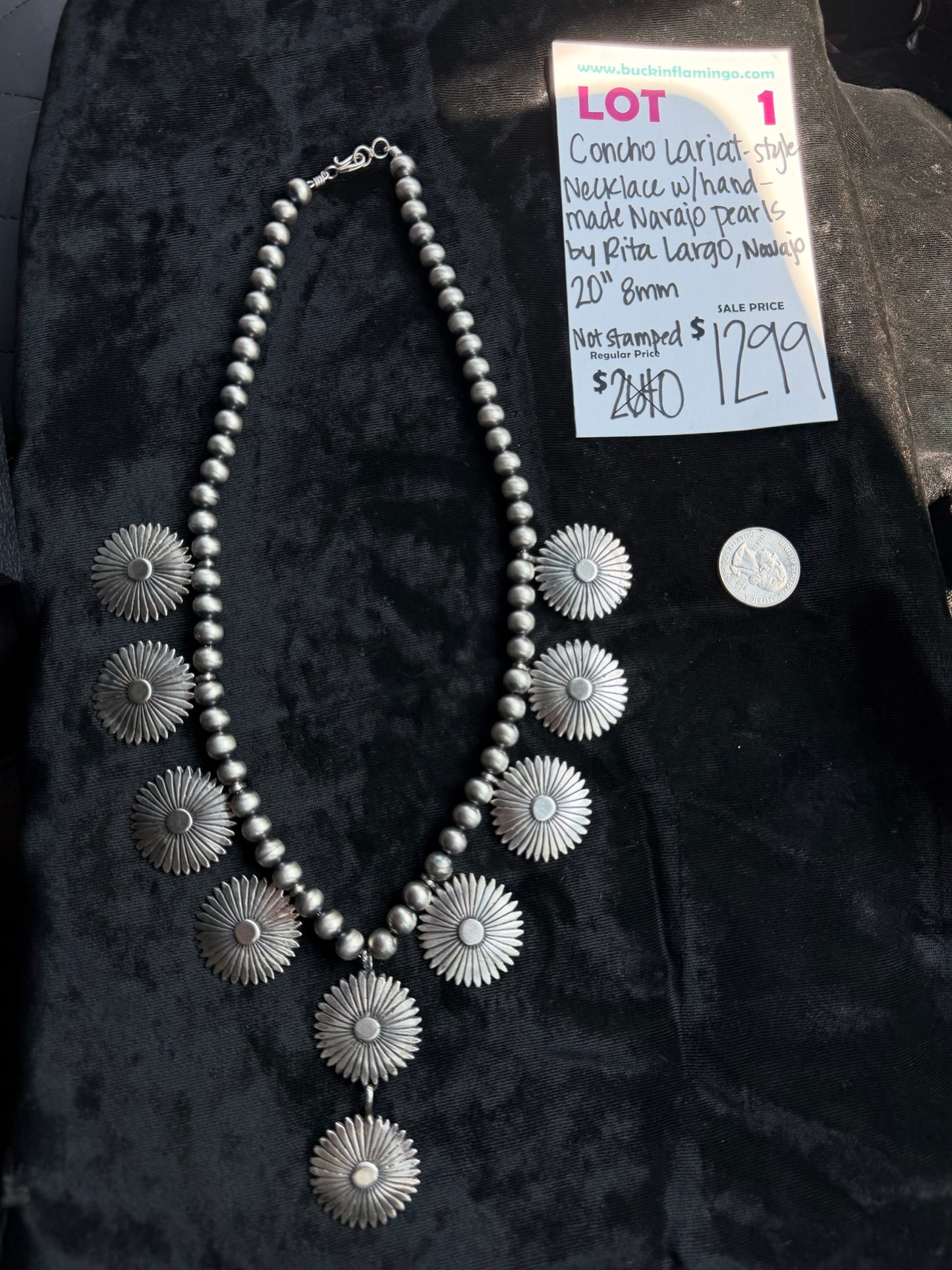 LOT 1 8/2 Concho Lariat-Style Necklace with Handmade Navajo Pearls by Rita Largo, Navajo 20” 8mm