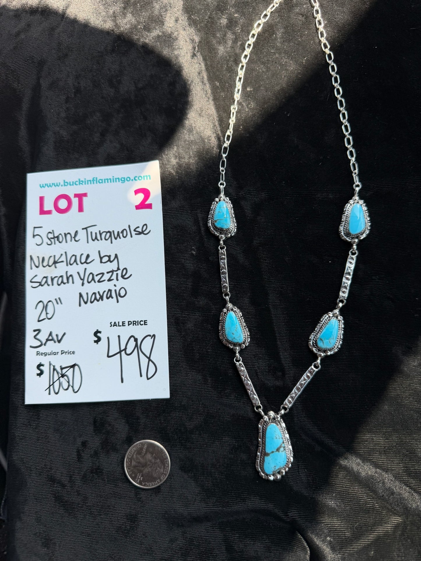 LOT 2 8/2 5 Stone Turquoise Necklace by Sarah Yazzie, Navajo 20”