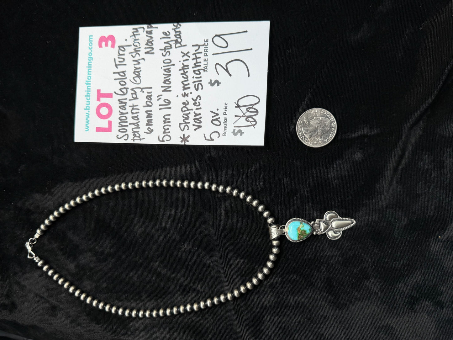 LOT 3 8/2 Sonoran Gold Turquoise Pendant by Gary Shorty, Navajo 6mm Bail on 16” 5mm Navajo Style Pearls