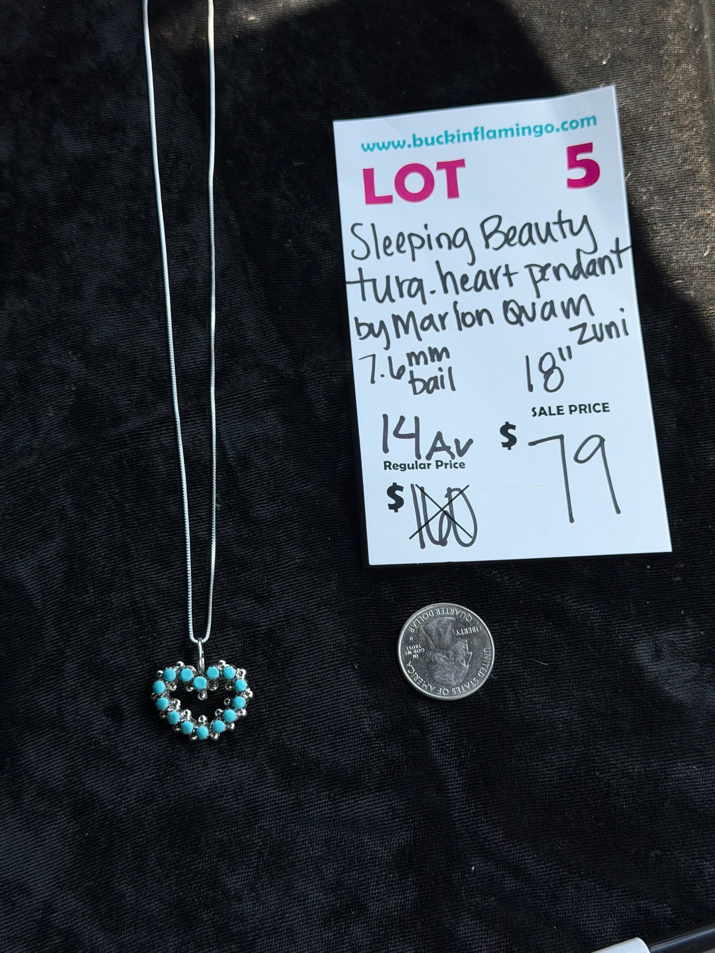 LOT 5 8/2 Sleeping Beauty Turquoise Heart Pendant by Marion Quam, Zuni 7.6mm Bail on 18” Chain