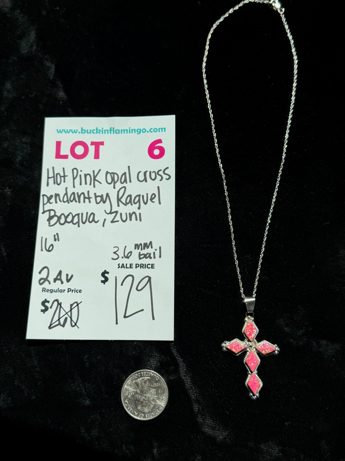LOT 6 8/2 Hot Pink Opal Cross Pendant by Raquel Booqua, Zuni on 16” Chain 3.6mm bail