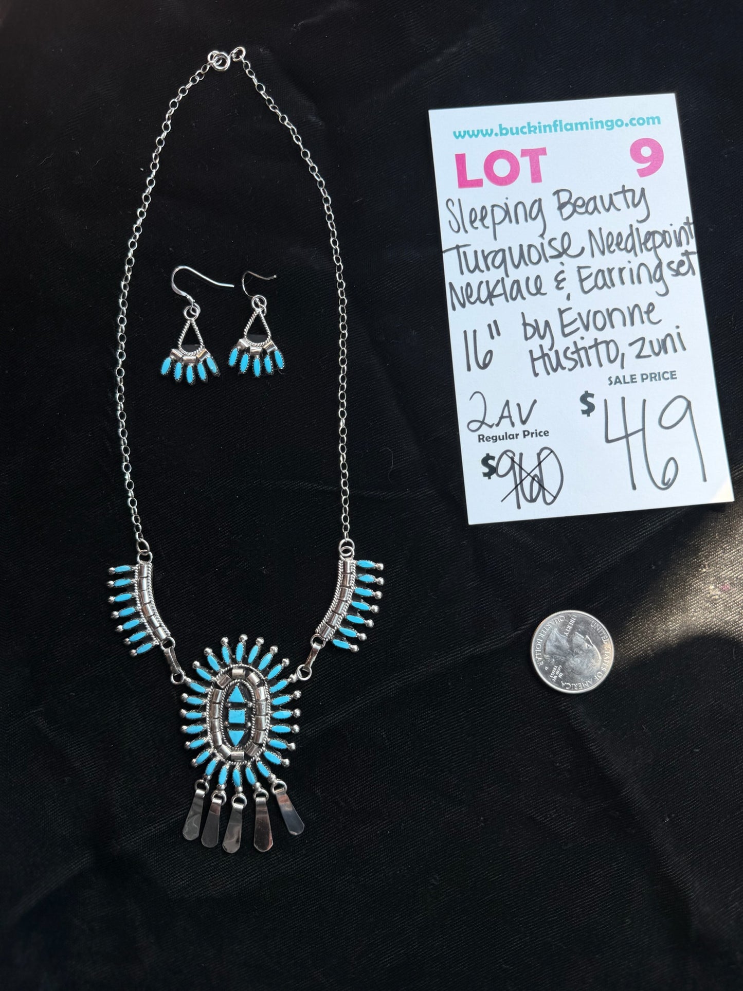 LOT 9 8/2 Sleeping Beauty Turquoise Needlepoint Necklace & Earring Set 16” by Evonne Hutstito, Zuni