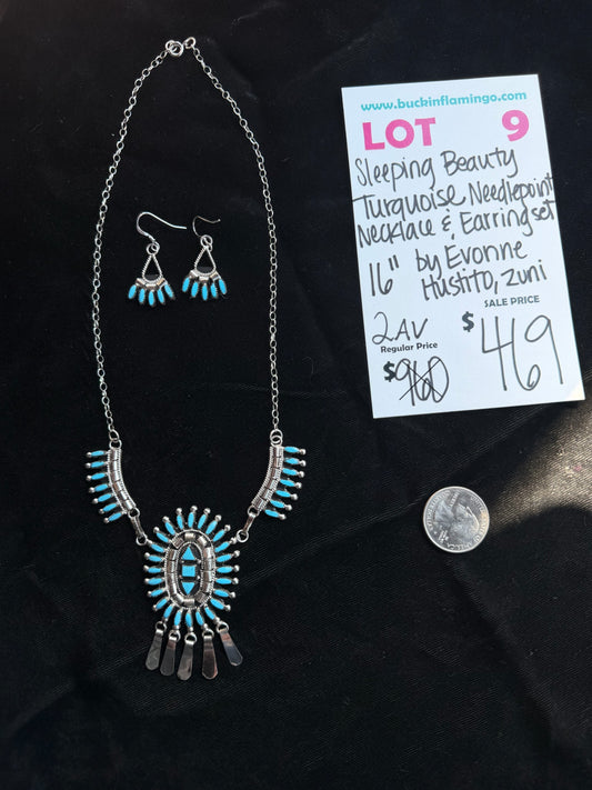 LOT 9 8/2 Sleeping Beauty Turquoise Needlepoint Necklace & Earring Set 16” by Evonne Hutstito, Zuni