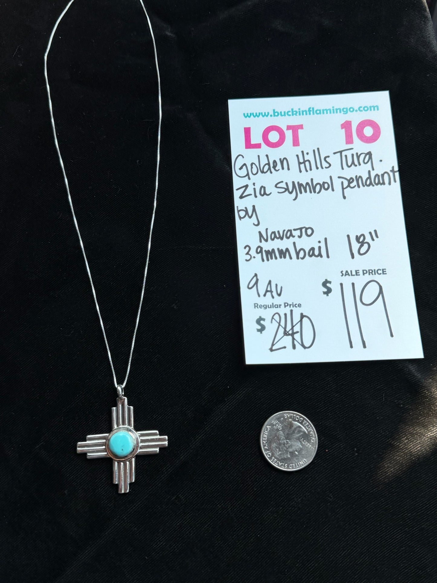 LOT 10 8/2 Golden Hills Turquoise Zia Symbol Pendant by 3.9mm Bail on 18” Chain