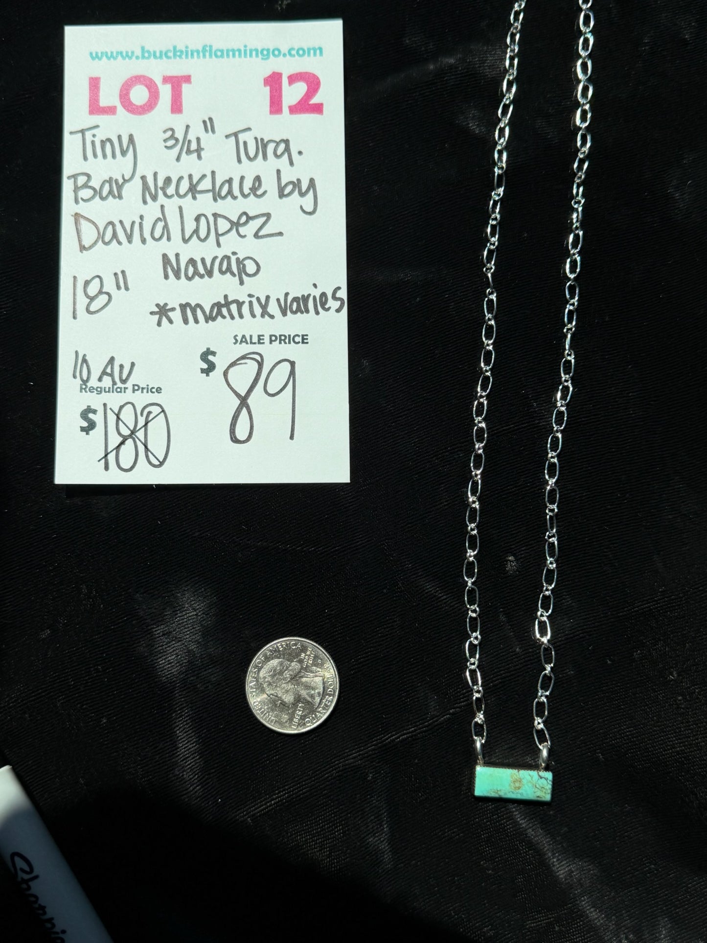 LOT 12 8/2 Tiny 3/4” Turquoise Bar Necklace by David Lopez, Navajo 18”