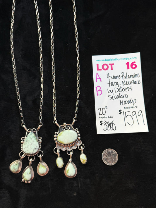 LOT 16 B 8/2 4 Stone Palomino Turquoise Necklace by Delbert Secatero, Navajo 20”