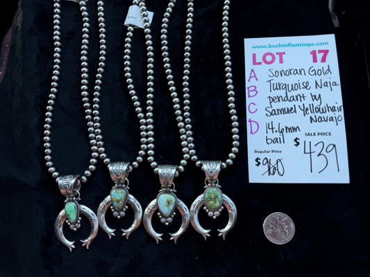LOT 17 D 8/2 Sonoran Gold Turquoise Naja Pendant by Samuel Yellowhair, Navajo 14.6mm Bail