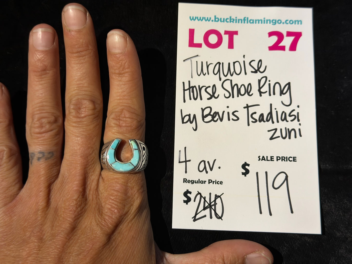 LOT 27 8/2 Turquoise Horse Shoe Ring by Bevis Tsadiasi, Zuni