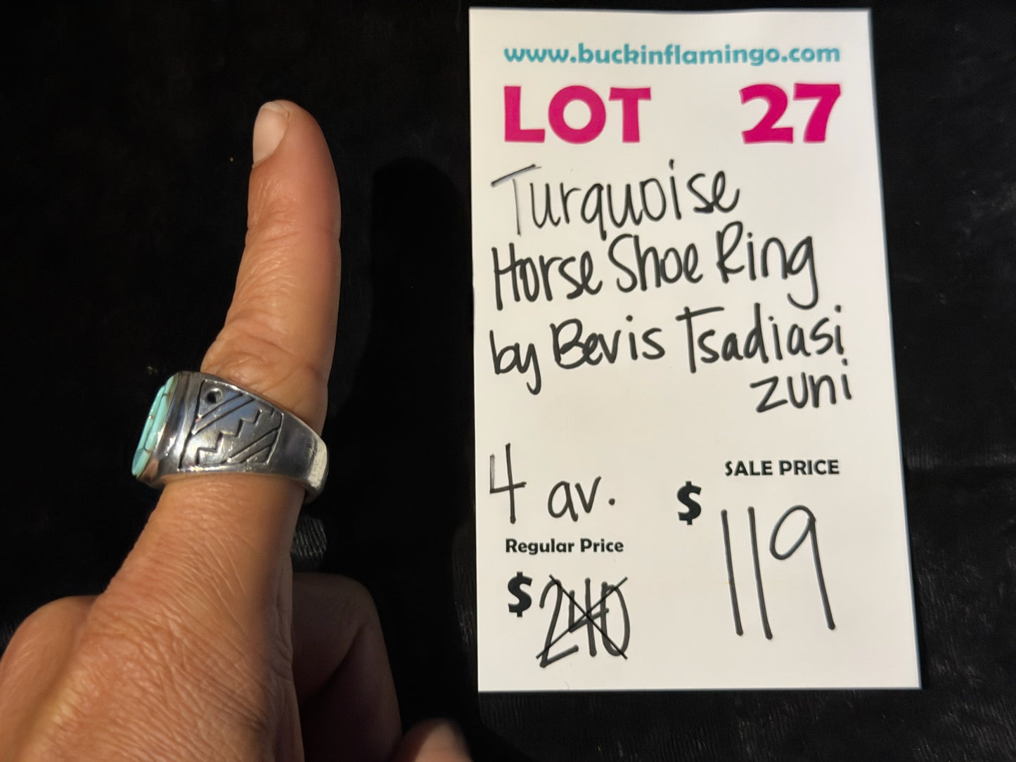 LOT 27 8/2 Turquoise Horse Shoe Ring by Bevis Tsadiasi, Zuni