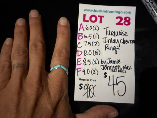 LOT 28 D 8/2 8.0 Turquoise Inlay Chevron Ring by Jamie Johnson, Navajo