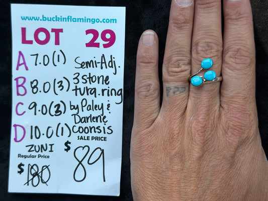 LOT 29 B 8/2 8.0 Semi Adj. 3 Stone Turquoise ring by Paley & Darlene Coonsis, Zuni