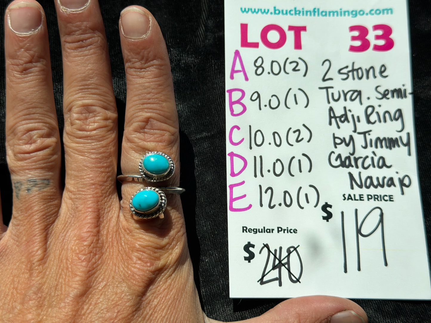LOT 33 E 8/2 12.0 2 Stone Turuqoise Semi Adjustable Ring by Jimmy Garcia, Navajo