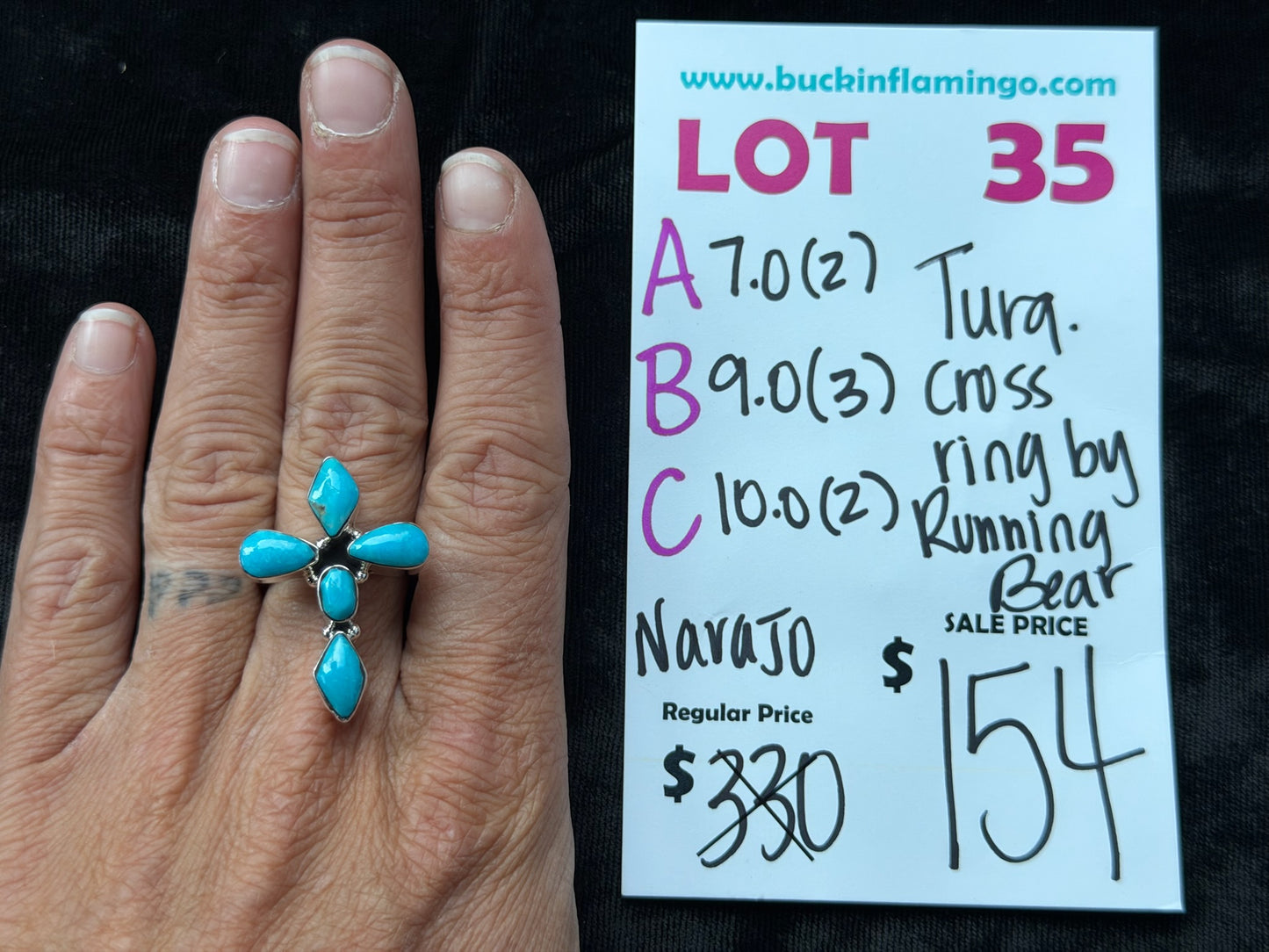 LOT 35 B 8/2 9.0 Turquoise Cross Ring by Running Bear, Navajo