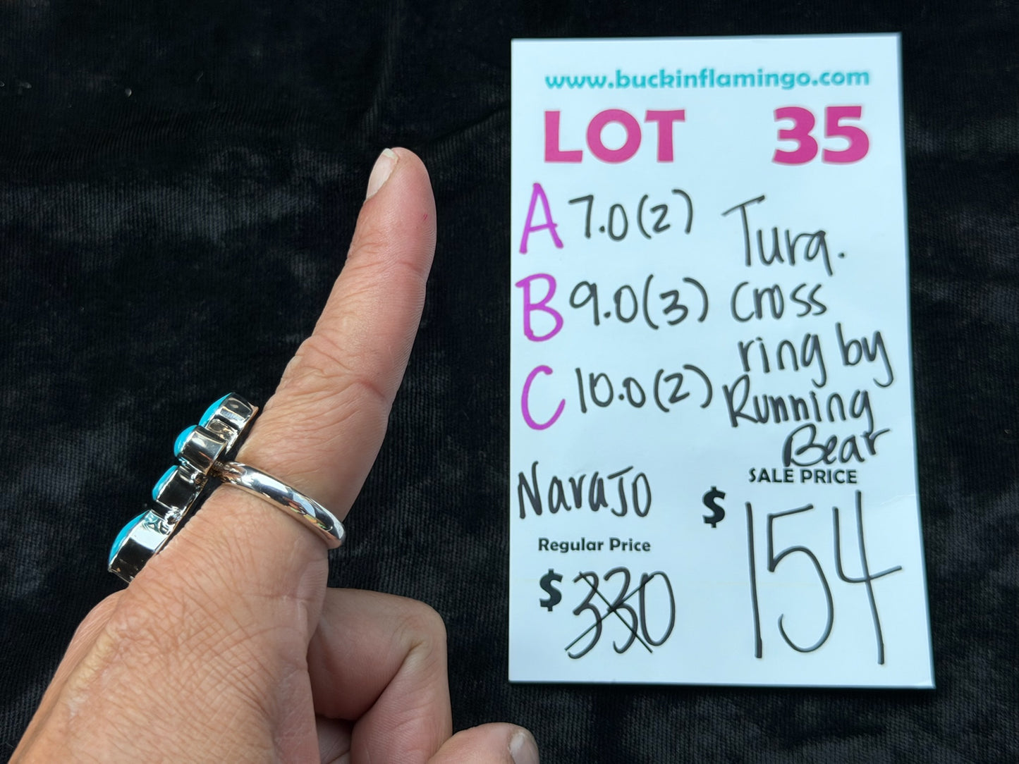 LOT 35 B 8/2 9.0 Turquoise Cross Ring by Running Bear, Navajo