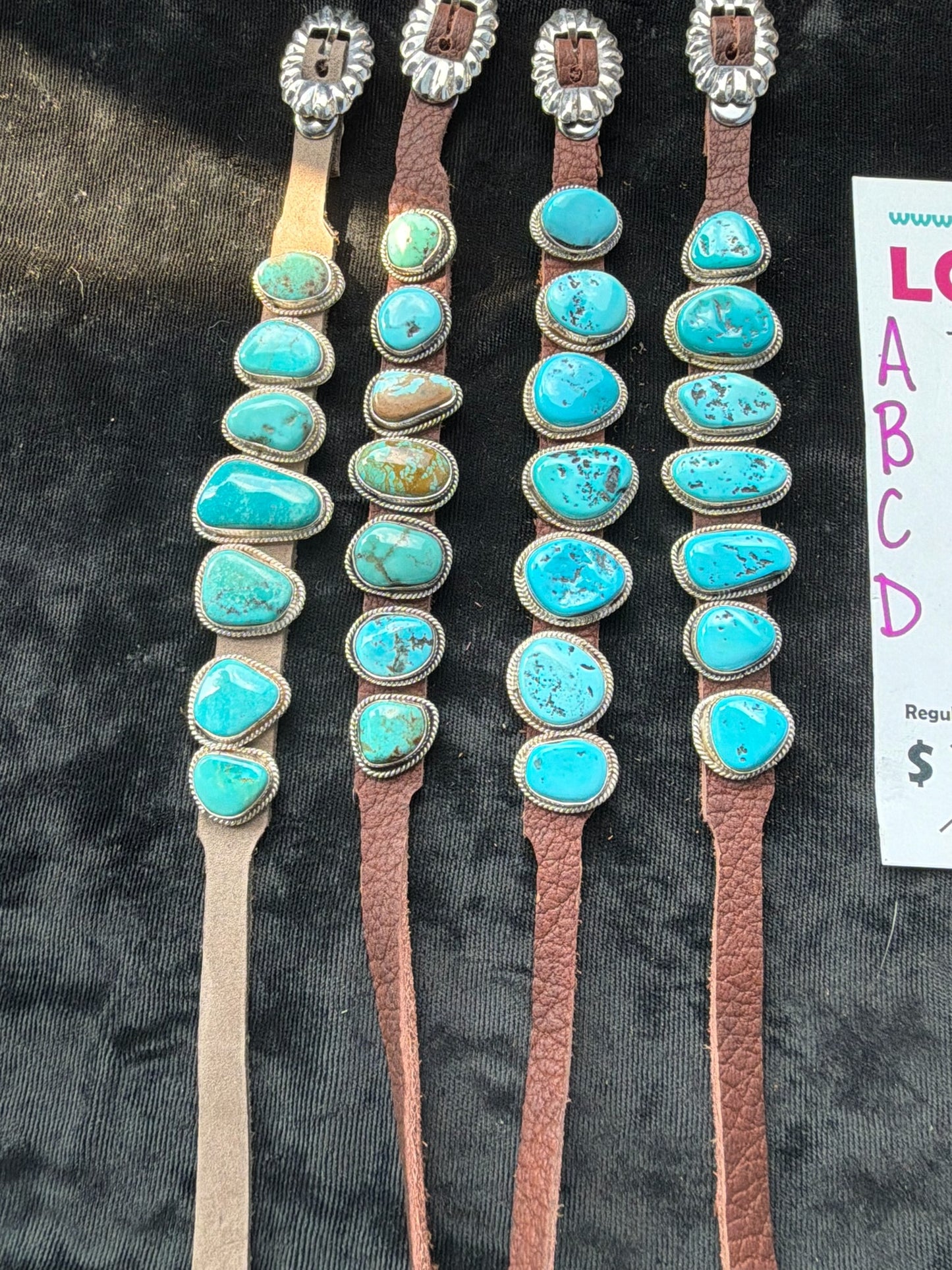 LOT 37 B 8/2 7 Stone Turquoise Bracelet on Leather 6.25”-9” Navajo Made