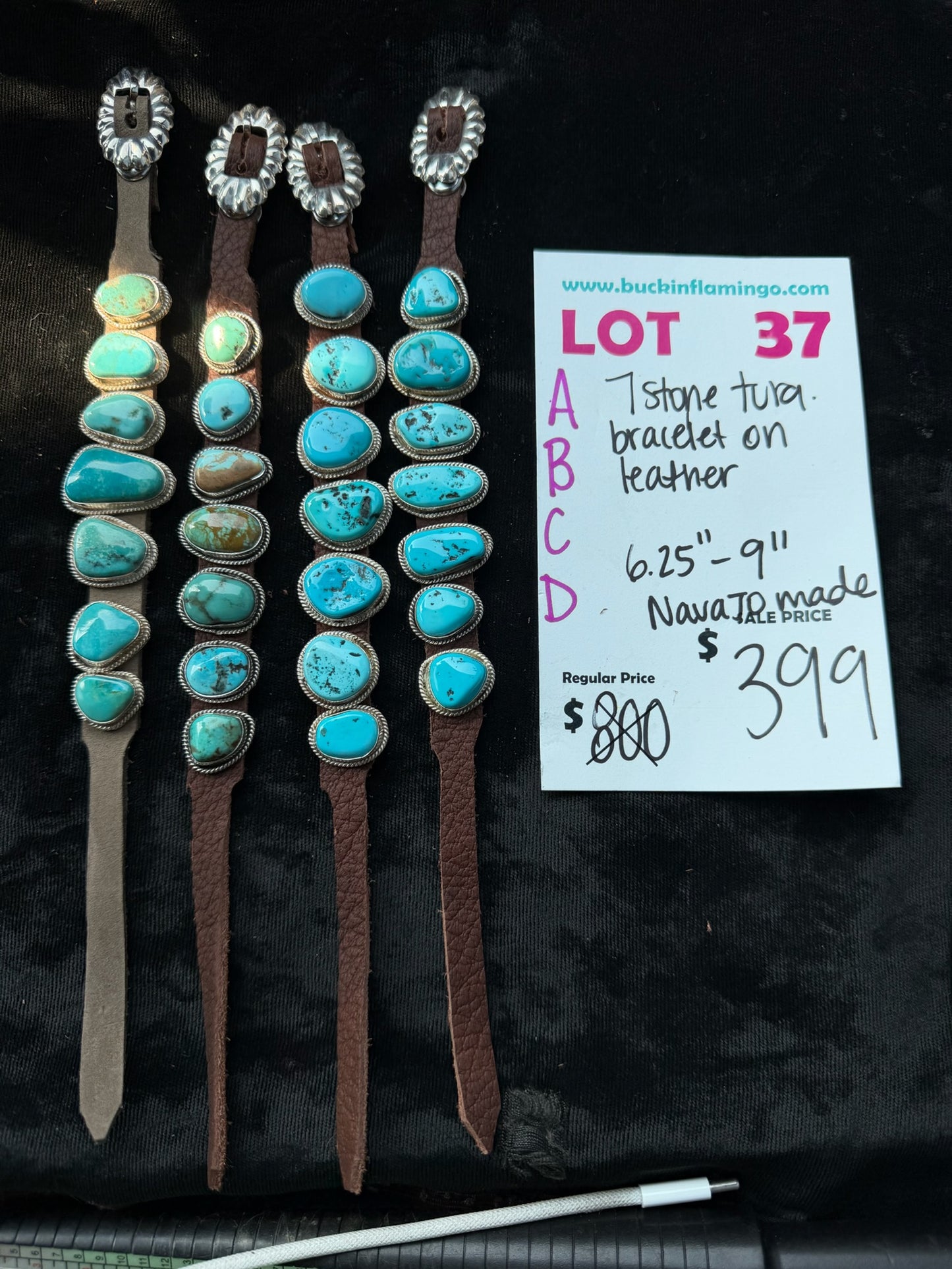LOT 37 B 8/2 7 Stone Turquoise Bracelet on Leather 6.25”-9” Navajo Made