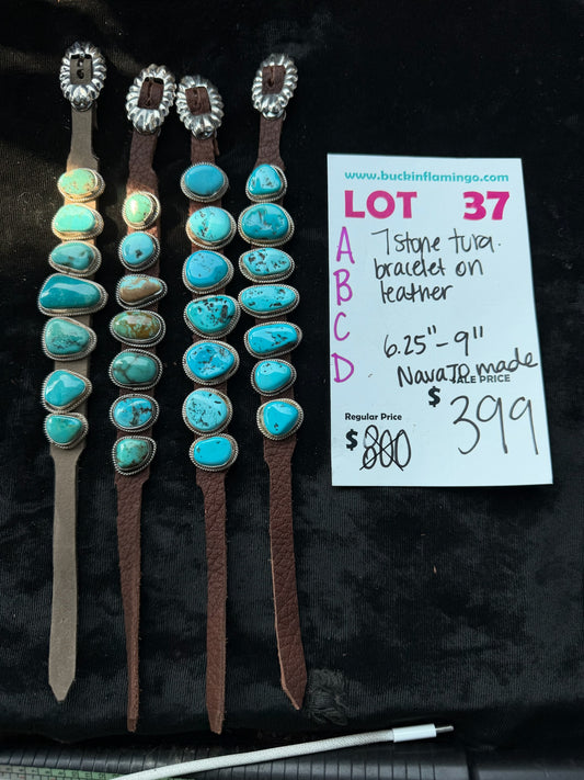 LOT 37 B 8/2 7 Stone Turquoise Bracelet on Leather 6.25”-9” Navajo Made