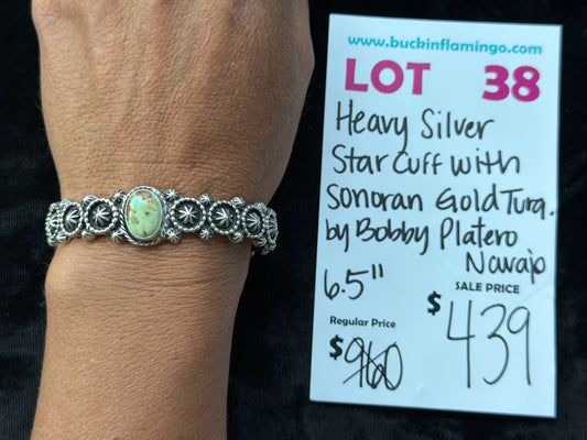LOT 38 8/2 Heavy Silver Star Cuff with Sonoran Gold Turquoise by Bobby Platero, Navajo 6.5”