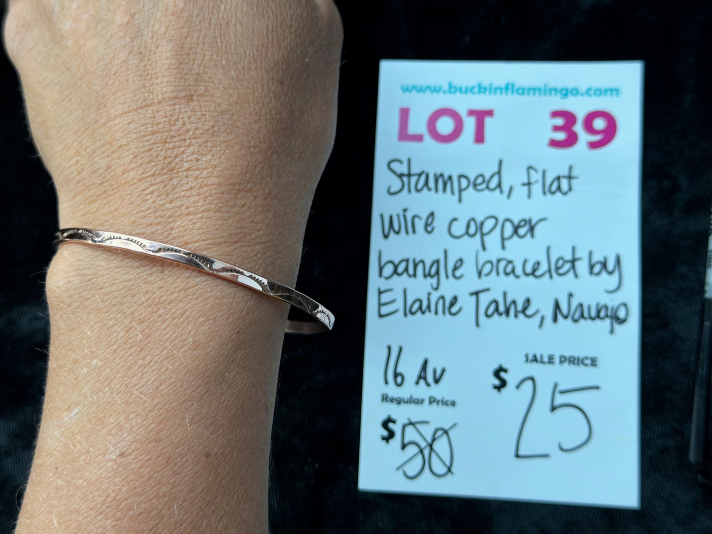 LOT 39 8/2 Stamped Flat Wire Copper Bangle Bracelet by Elaine Tahe, Navajo