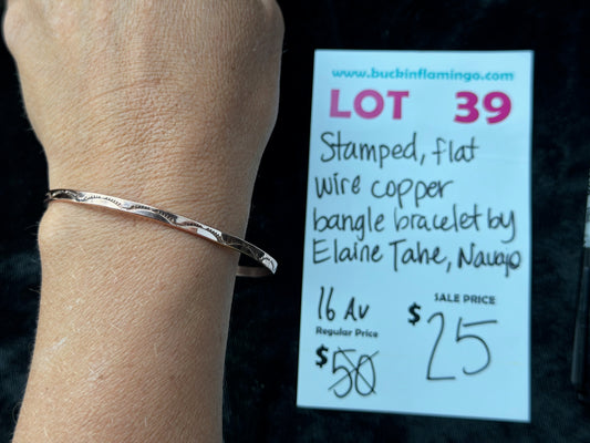 LOT 39 8/2 Stamped Flat Wire Copper Bangle Bracelet by Elaine Tahe, Navajo