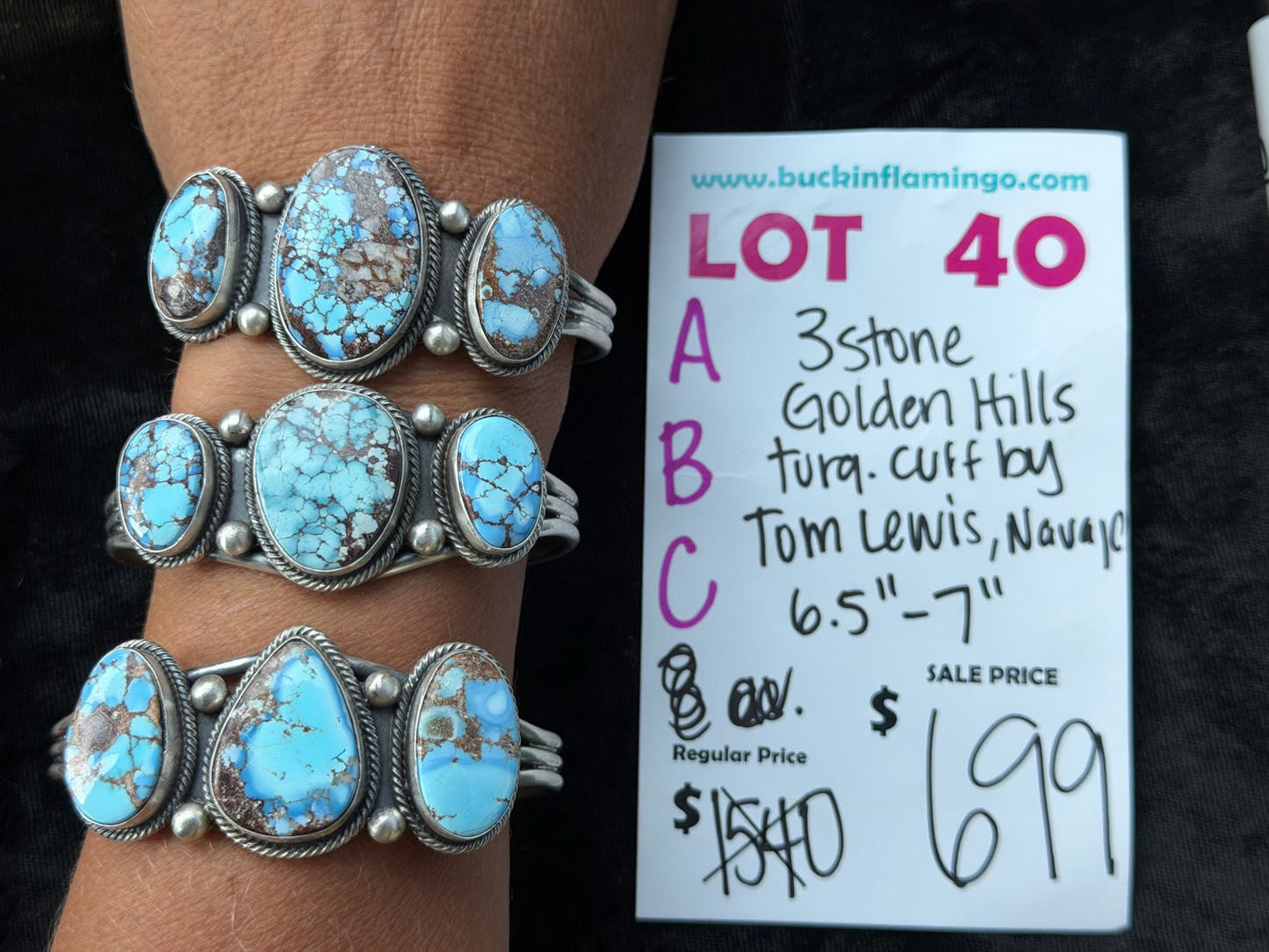 LOT 40 C 8/2 3 Stone Golden Hills Turquoise Cuff by Tom Lewis, Navajo 6.5”-7”