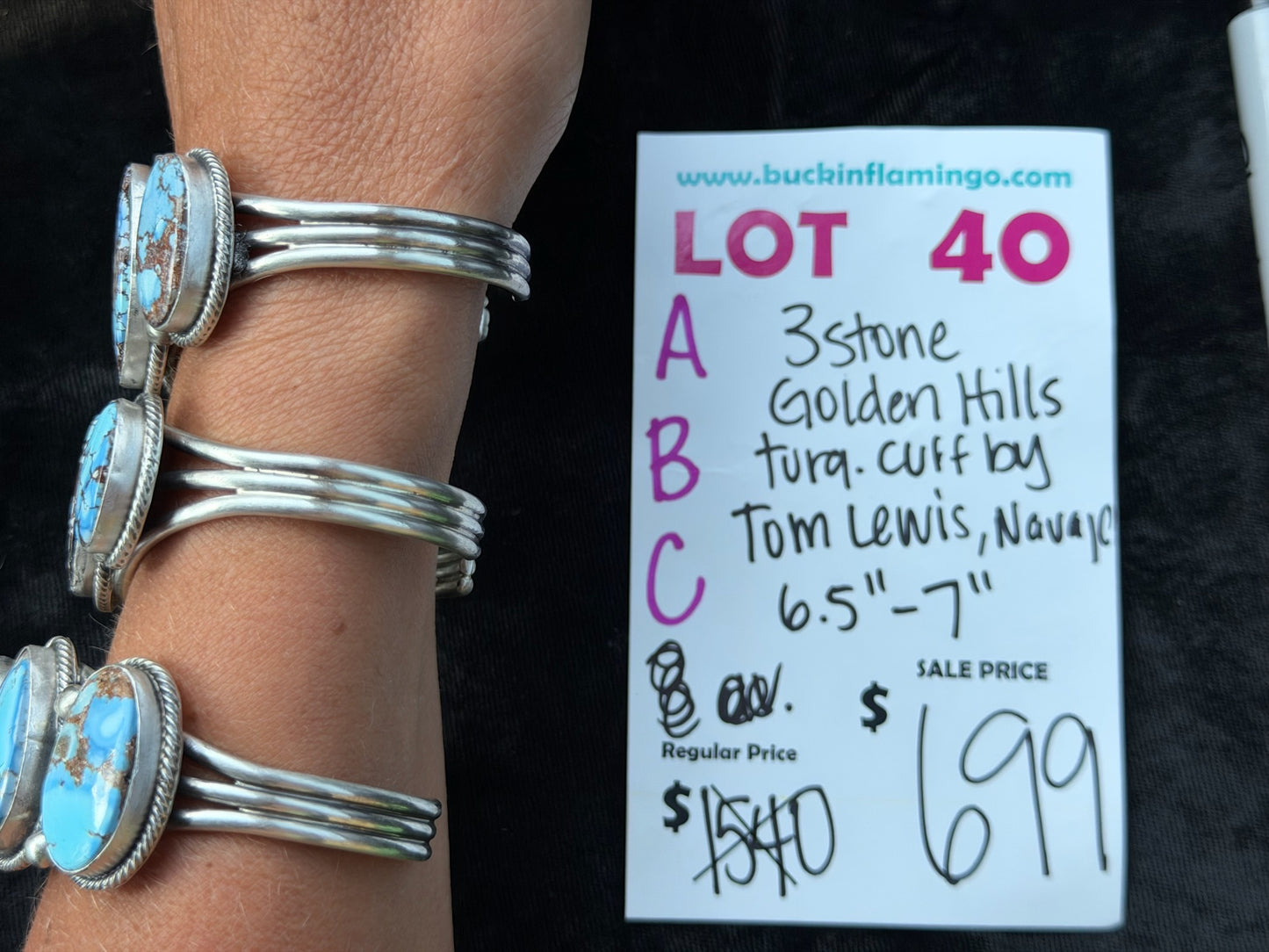 LOT 40 C 8/2 3 Stone Golden Hills Turquoise Cuff by Tom Lewis, Navajo 6.5”-7”