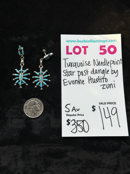 LOT 50 8/2 Turquoise Needlepoint Star post dangle by Evonne Hustito, Zuni