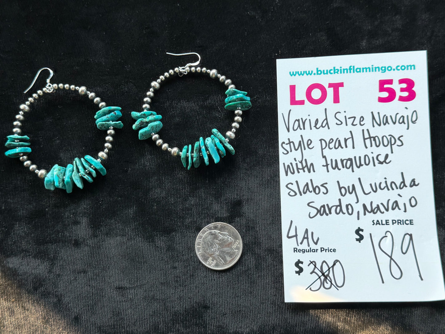 LOT 53 8/2 Varied Size Navajo Style Pearl Hoops with Turquoise Slabs by Lucinda Sardo, Navajo