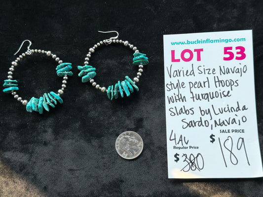 LOT 53 8/2 Varied Size Navajo Style Pearl Hoops with Turquoise Slabs by Lucinda Sardo, Navajo