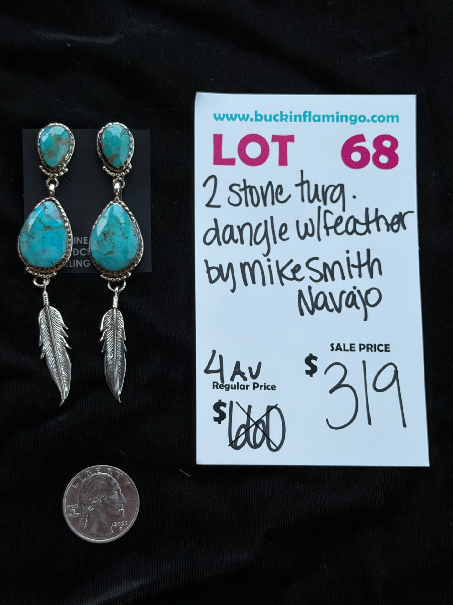 LOT 68 8/2 2 Stone Turquoise Dangle W/Feather by Mike Smith, Navajo