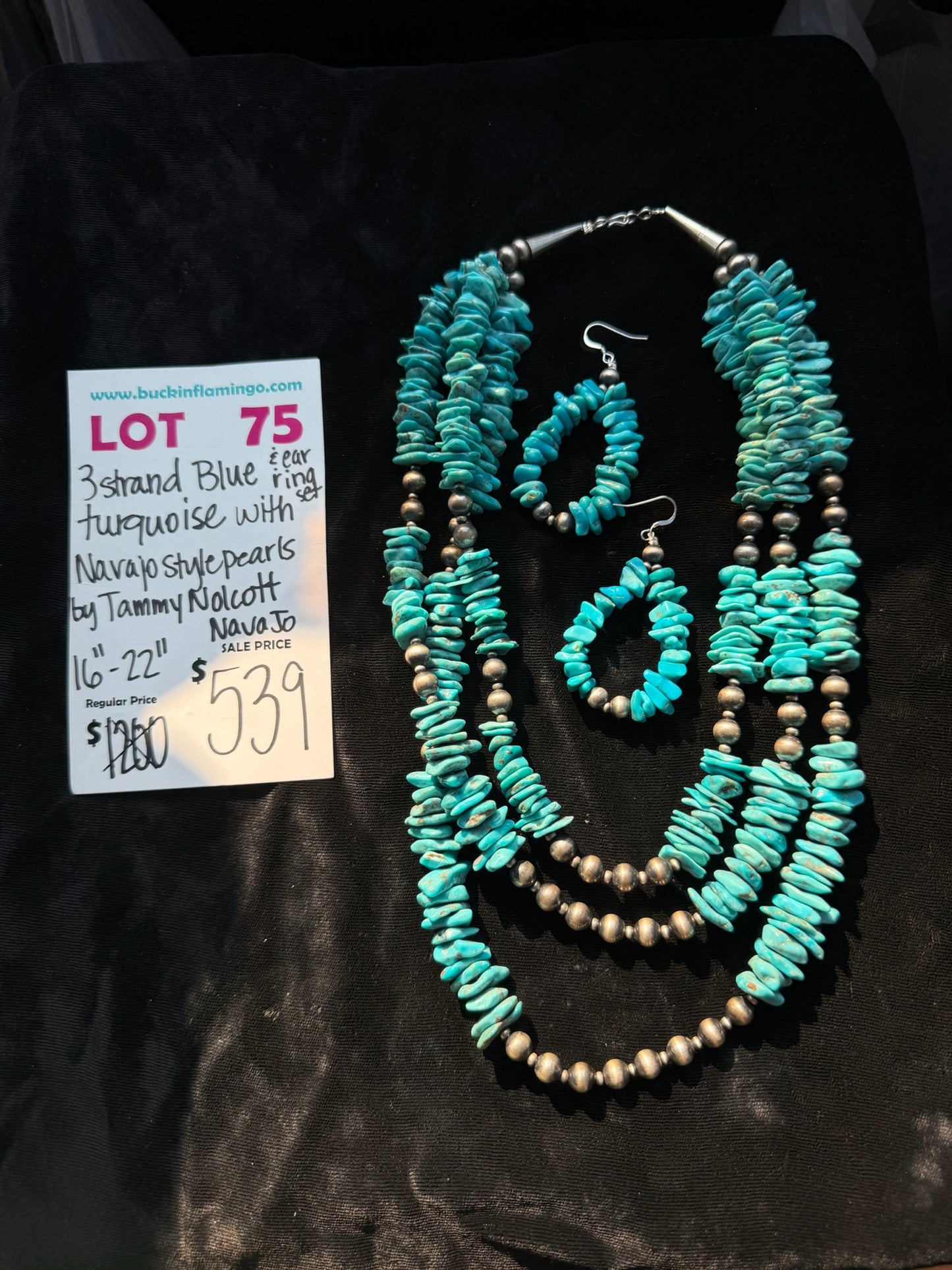 LOT 75 8/2 3 Strand Blue Turquoise with Navajo Style Pearls 16”-22” Necklace and Earring set by Tammy Nolcott, Navajo