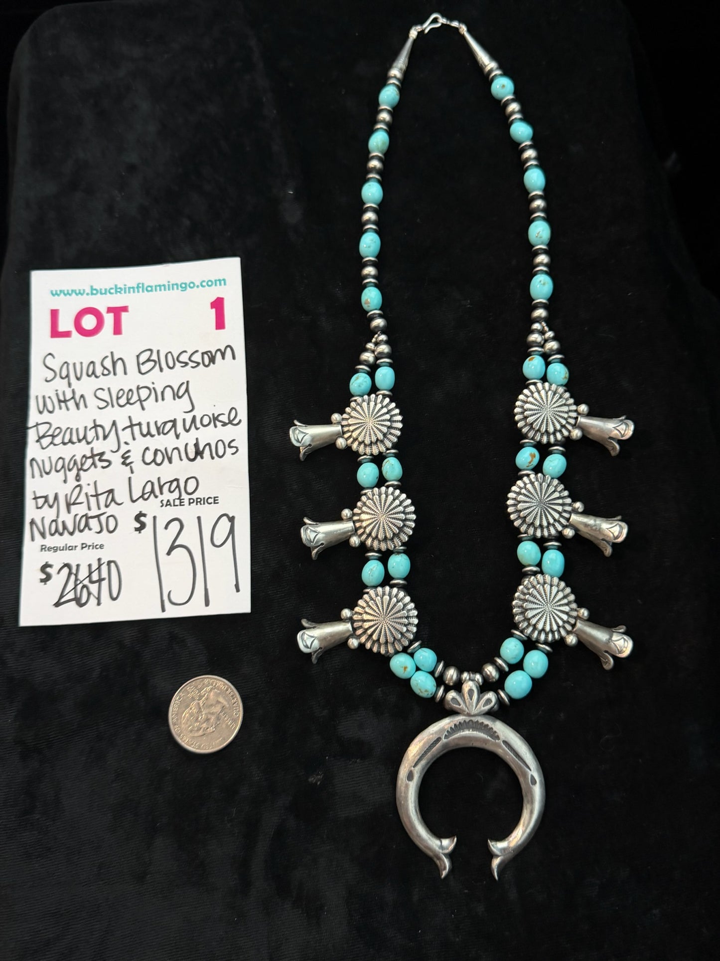 LOT 1 8/16 Squash Blossom with Sleeping Beauty Turquoise Nuggets & Conchos by Rita Largo, Navajo