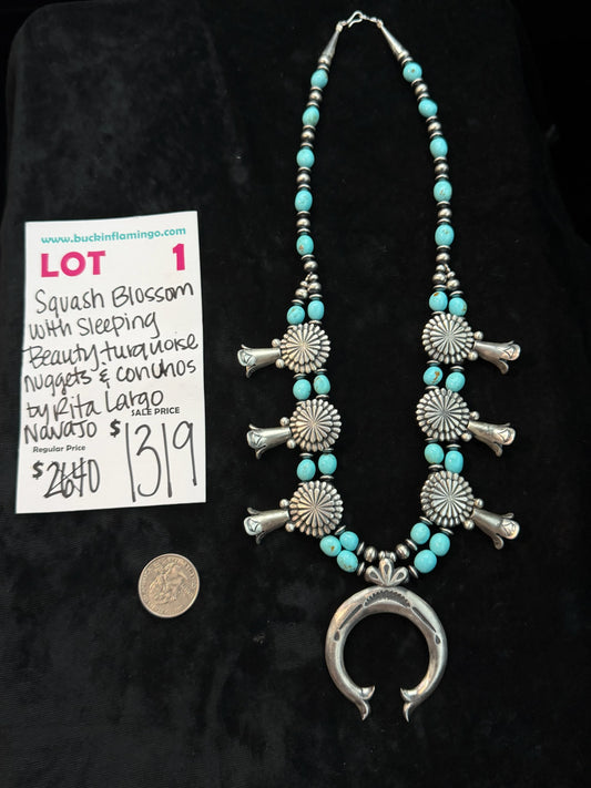 LOT 1 8/16 Squash Blossom with Sleeping Beauty Turquoise Nuggets & Conchos by Rita Largo, Navajo