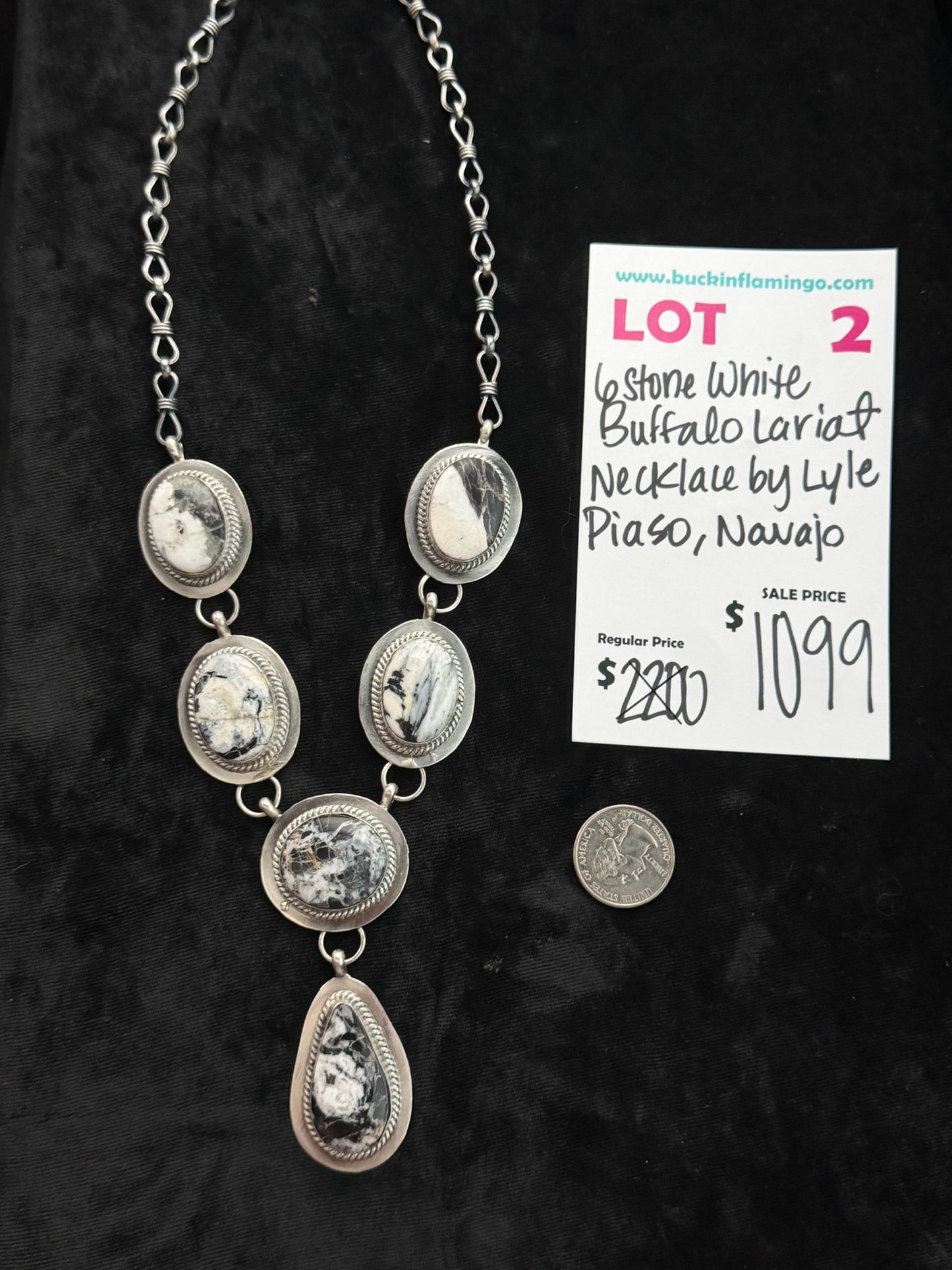 LOT 2 8/16 6 Stone White Buffalo Lariat Necklace by Lyle Piaso, Navajo