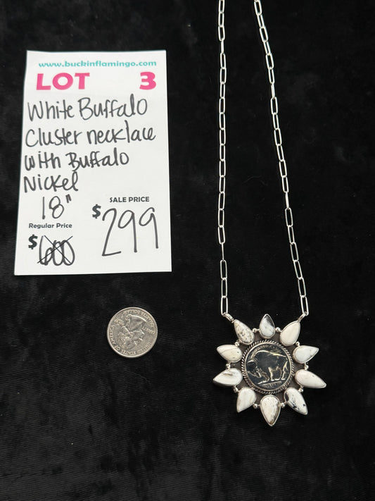 LOT 3 8/16 White Buffalo Cluster Necklace with Buffalo Nickel 18”
