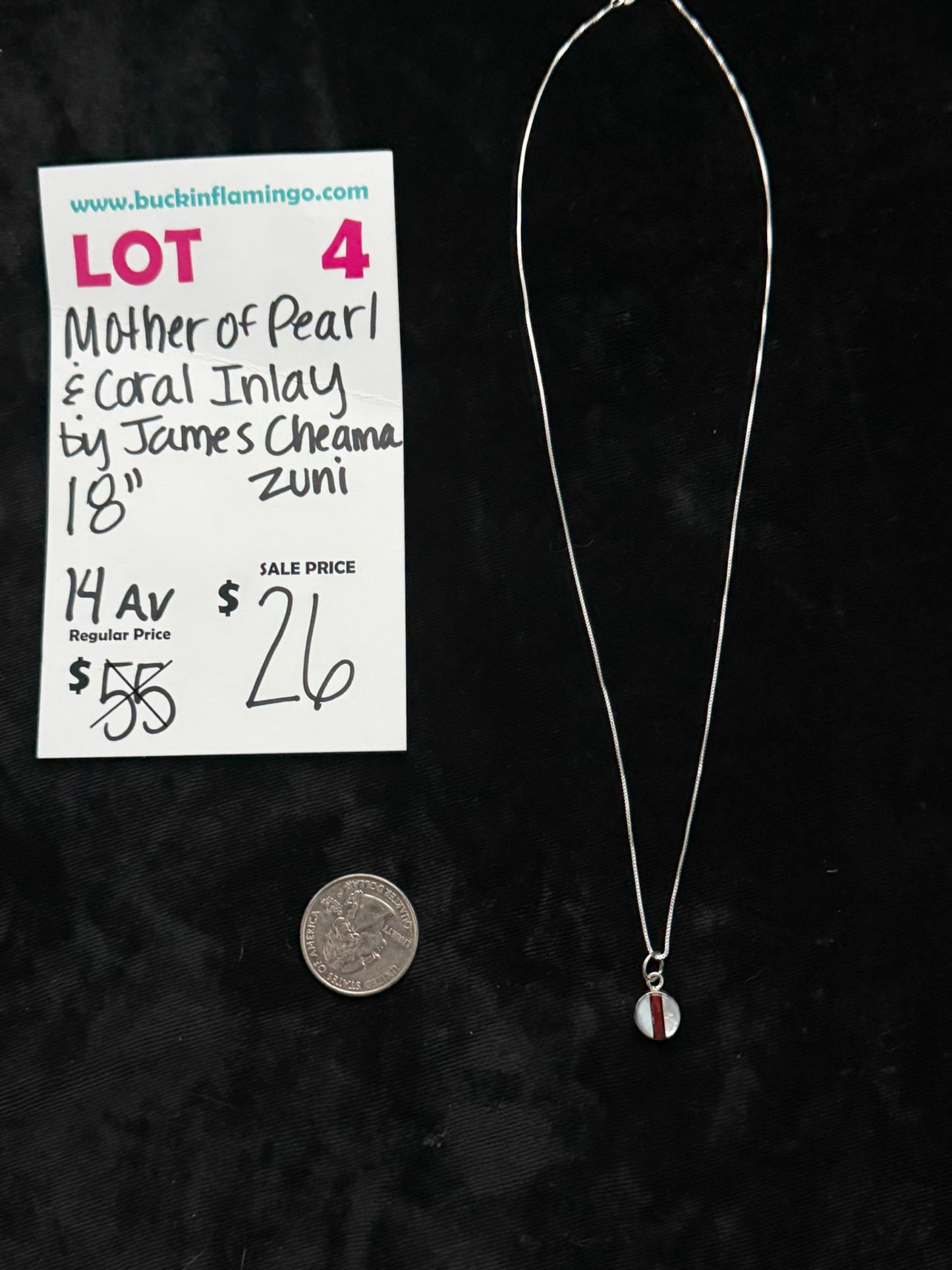 LOT 4 8/16 Mother of Pearl & Coral Inlay by James Cheana, Zuni 18”