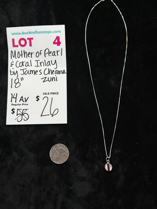 LOT 4 8/16 Mother of Pearl & Coral Inlay by James Cheana, Zuni 18”
