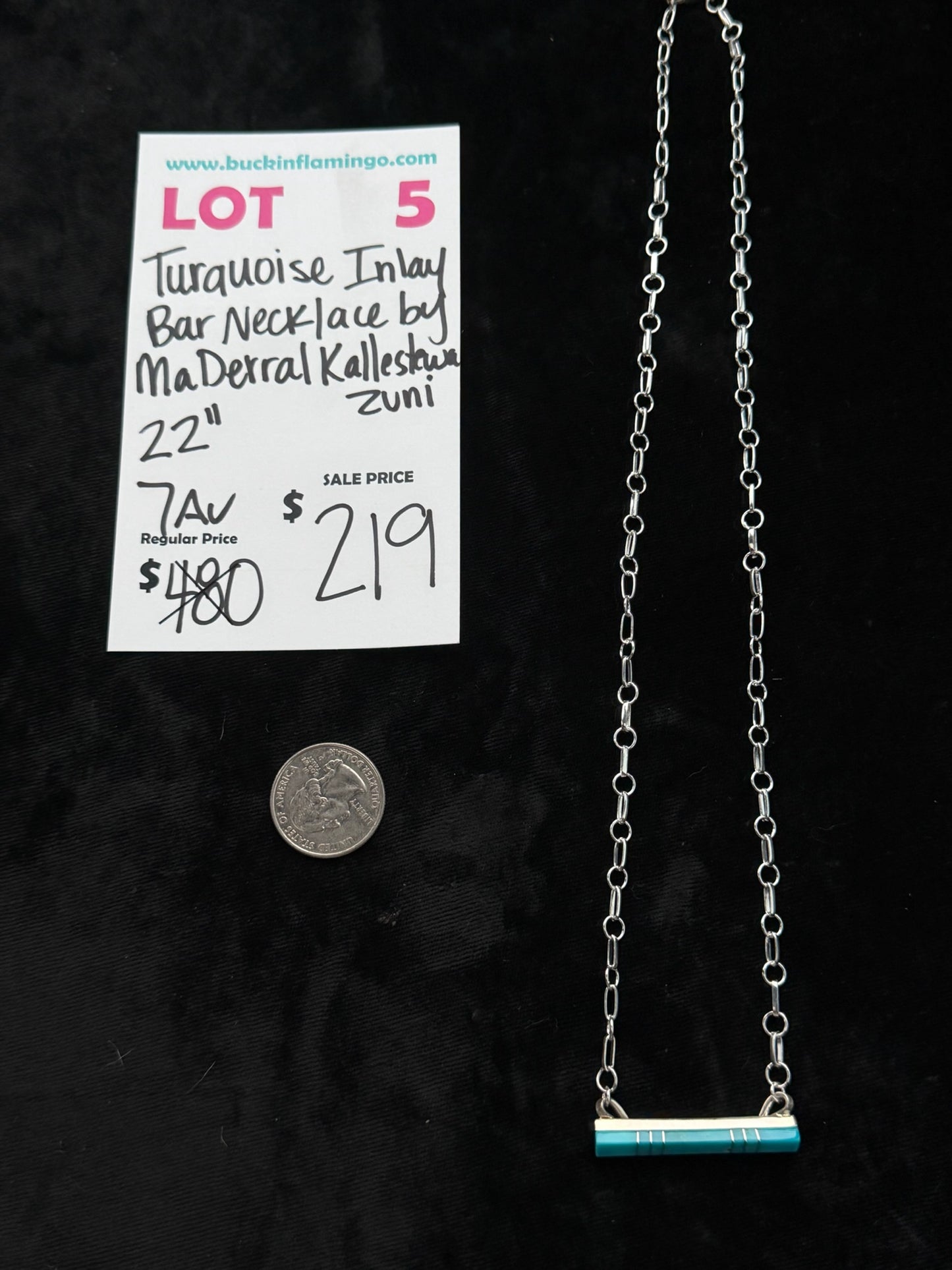 LOT 5 8/16 Turquoise Inlay Bar Neclace by MaDerral Kallestewa, Zuni 22”