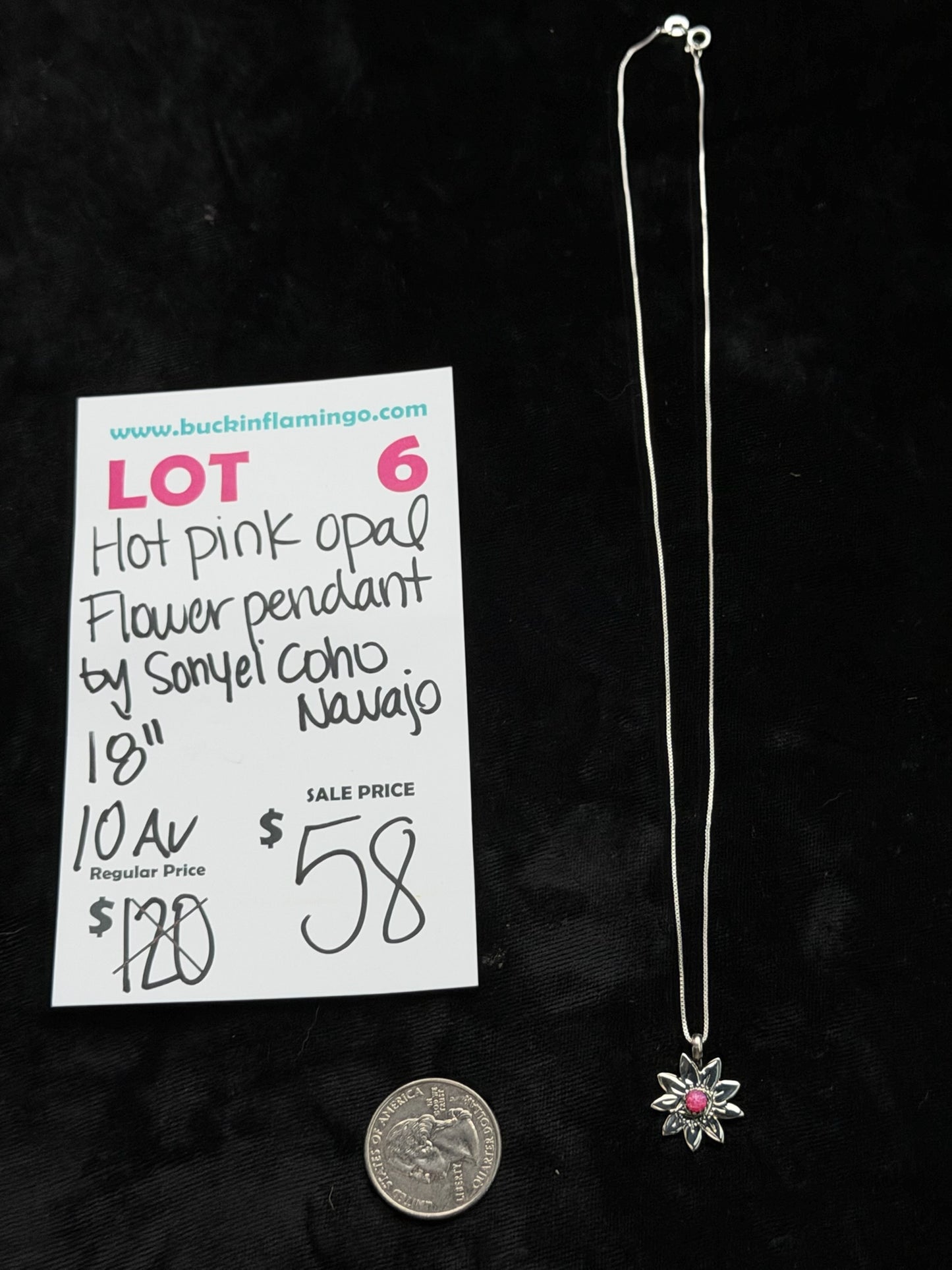 LOT 6 8/16 Hot Pink Opal Flower Pendant by Sonyei Coho, Navajo 18”