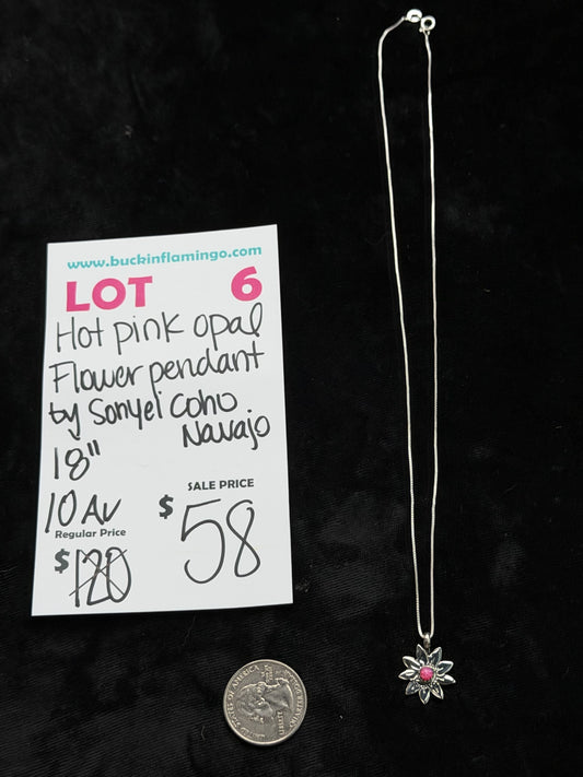 LOT 6 8/16 Hot Pink Opal Flower Pendant by Sonyei Coho, Navajo 18”