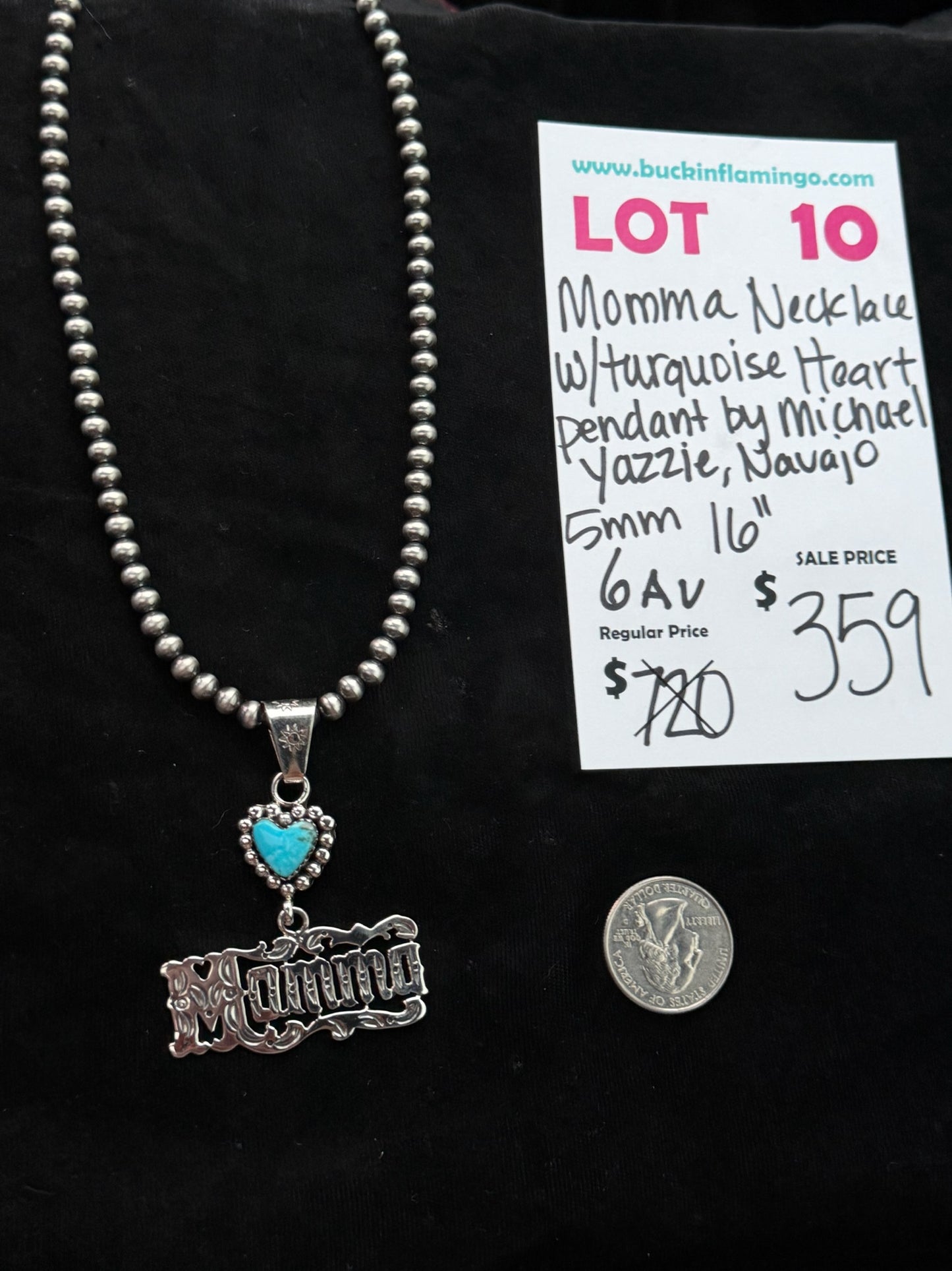 LOT 10 8/16 Momma Necklace W/ Turquoise Heart Pendant by Michael Yazzie, Navajo 5mm 16”