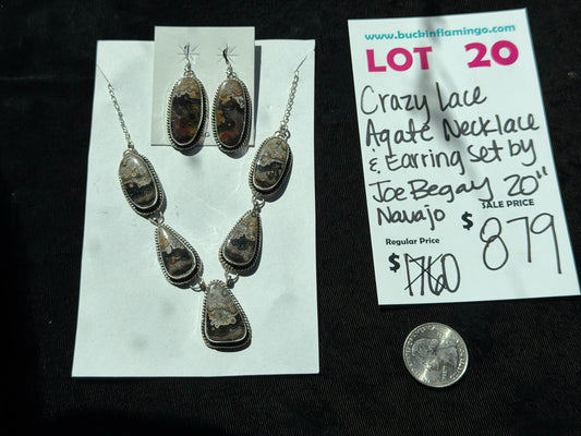 LOT 20 8/16 Crazy Lace Agate Necklace & Earring Set by Joe Begay, Navajo 20”