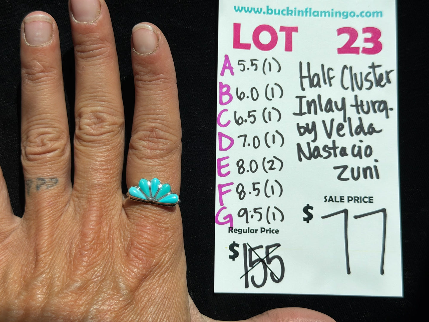 LOT 23 E 8/16 8.0 Half Cluster Inlay Turquoise Ring by Velda Nastacio, Zuni